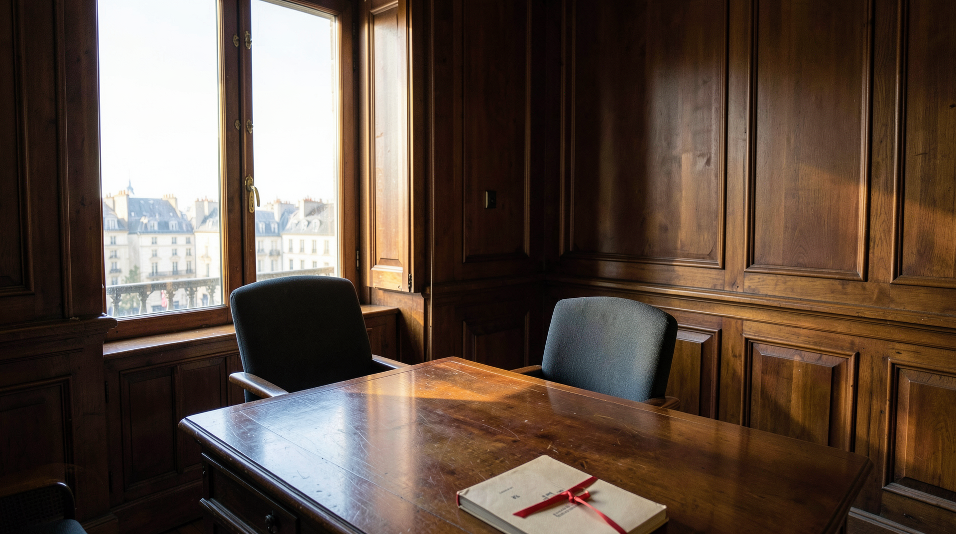 An empty chair in a wood-panelled Paris prosecutor's interview room with a sunlit view of the Seine through a tall window, a folder on the table labelled X Corp.