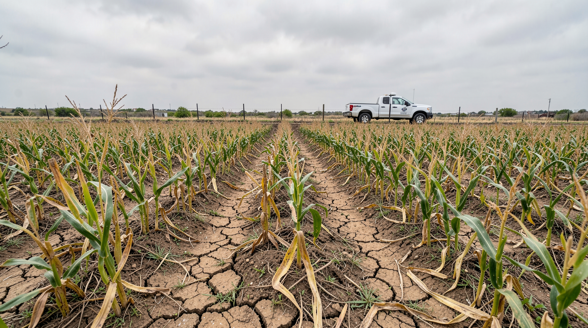 A West Texas winter-wheat field late morning, crop stunted to knee height, the flag leaf already emerging in desperation, cracked soil between the rows, an adjuster's truck parked at the fence line.