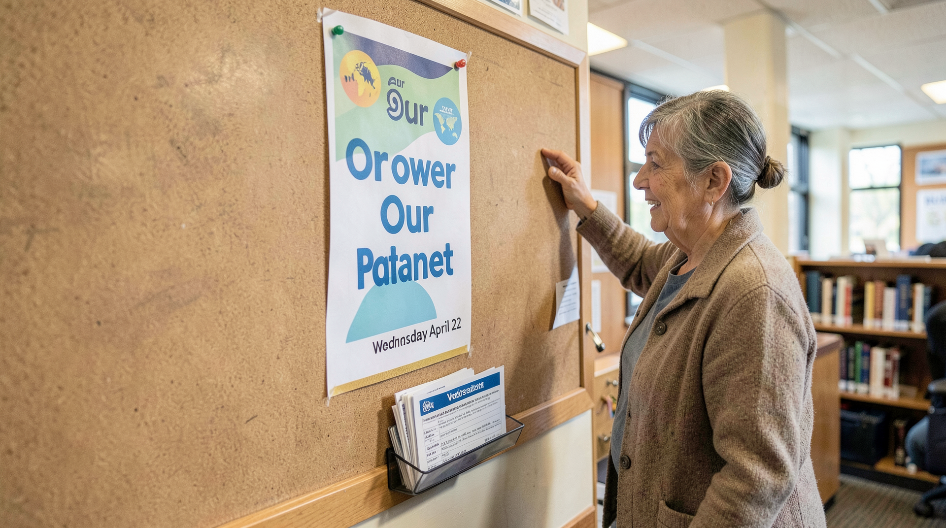 A community bulletin board in a public library on Tuesday afternoon, pinned with a printed poster announcing Our Power Our Planet for Wednesday April 22, a small stack of voter-registration forms beneath it, an older woman reading the poster.