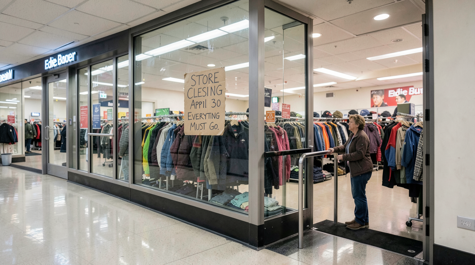 An Eddie Bauer storefront on Tuesday morning with a handwritten cardboard sign reading Store Closing April 30 Everything Must Go, clearance racks visible through the window, a single shopper hesitating at the door.