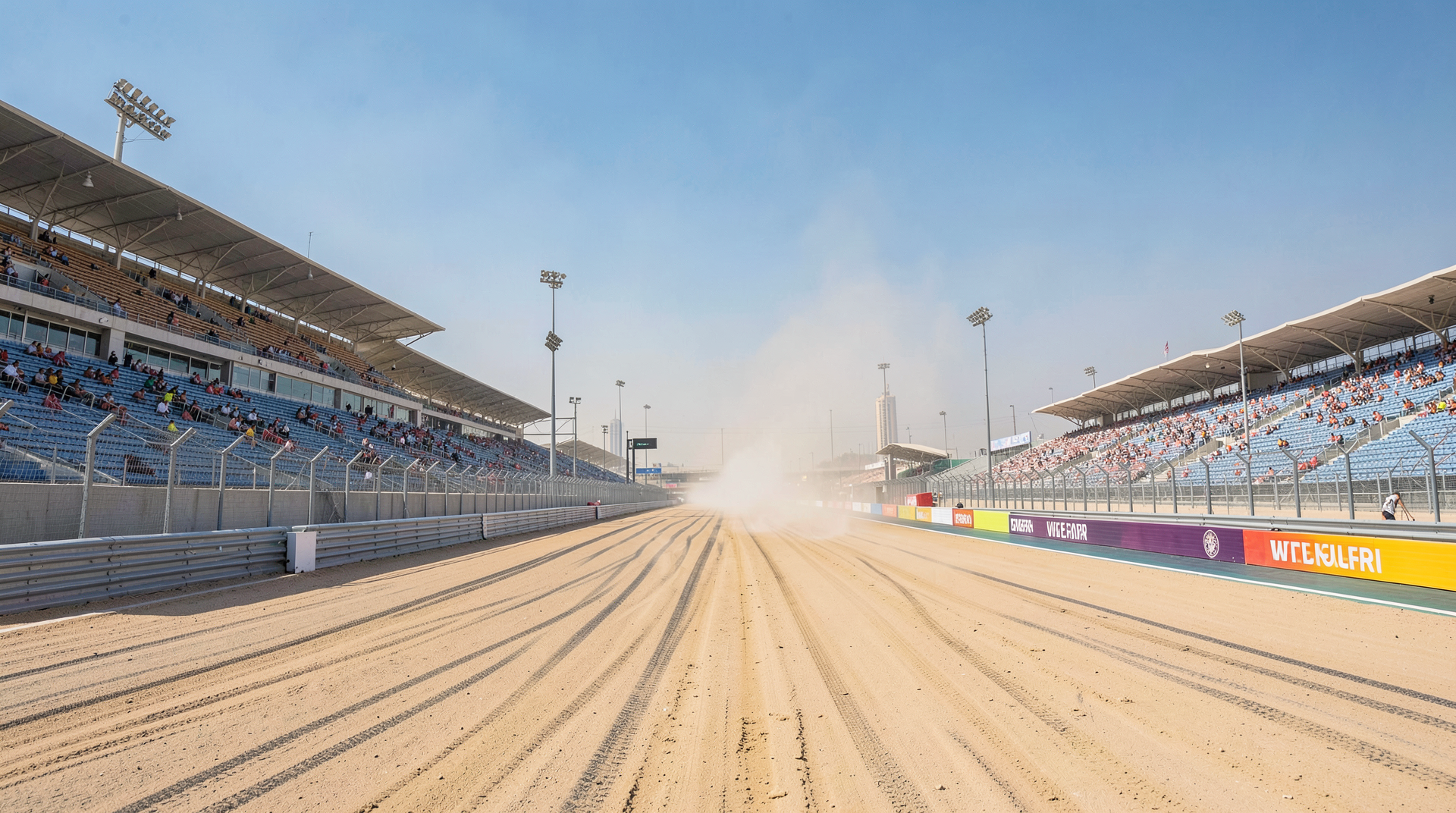 Empty Jeddah Corniche F1 circuit with grandstands vacant and sand blowing across start-finish straight