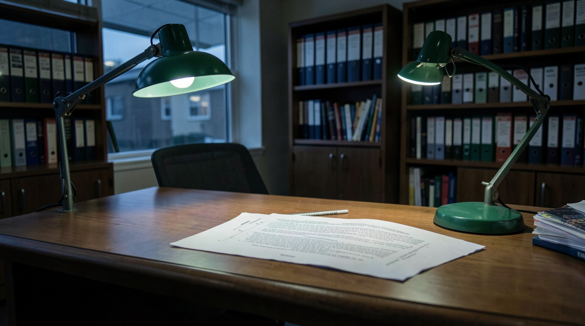 The FDA's White Oak CBER building at dusk with a printed draft guidance document on an office desk, lamp light, an empty chair behind it.