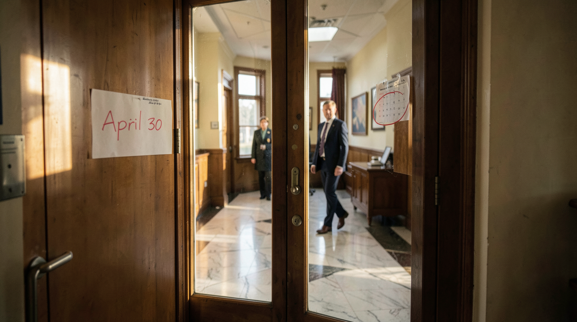 A Senate press-gallery door from the outside in late afternoon, a calendar page visible through the transom with 'April 30' circled in red, a single aide walking past.