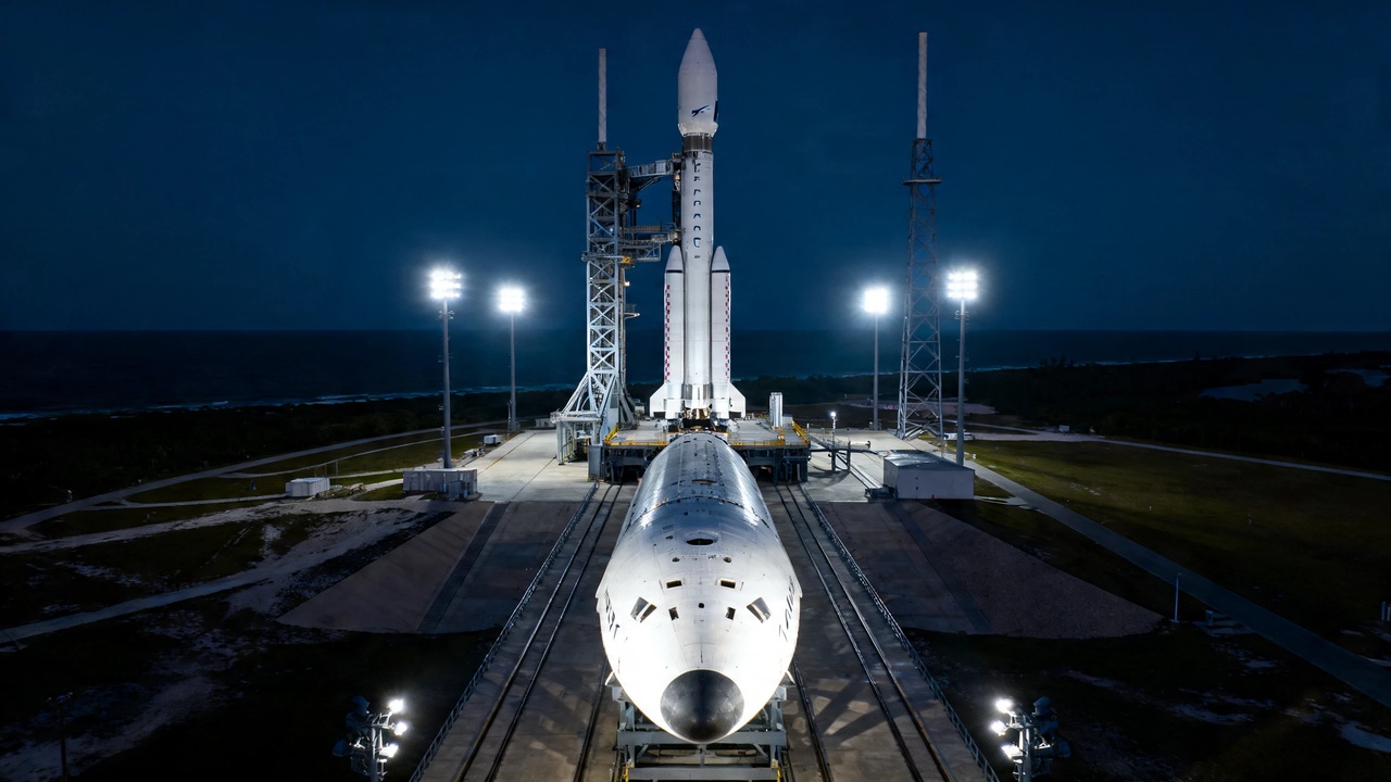 SpaceX Falcon 9 vertical on Space Launch Complex 40 at Cape Canaveral at night with payload fairing illuminated