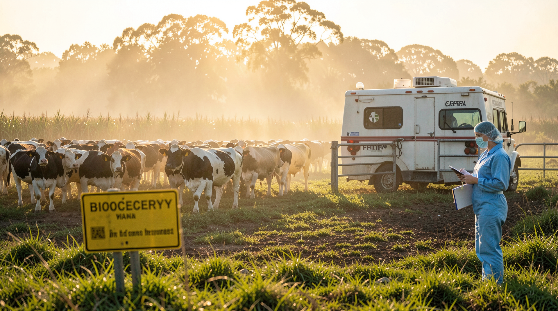A California dairy herd grazing at dawn with a mobile veterinary lab parked at the gate, a biosecurity sign partially visible, the handler in PPE making notes.