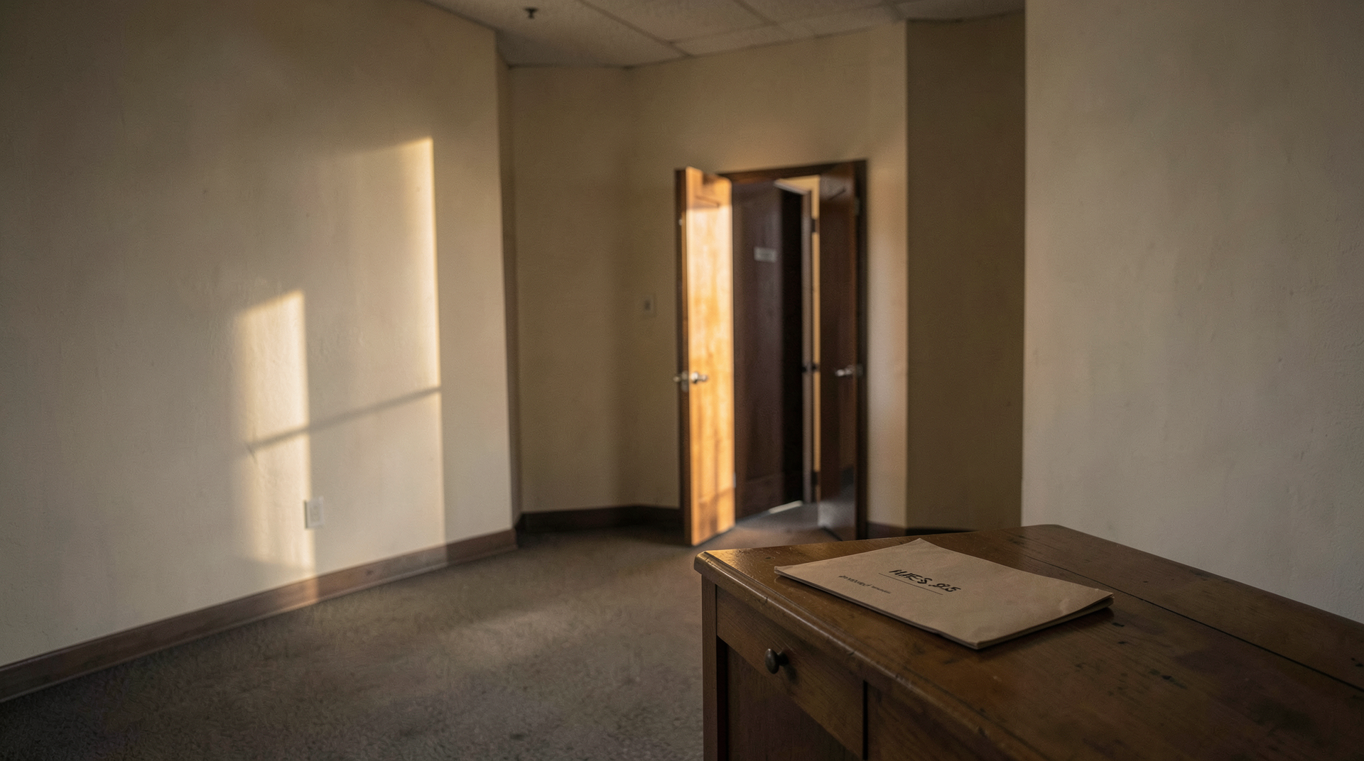 An empty House cloakroom in late afternoon light, a single folder labeled 'H.RES. 935' on a side table, the chamber doors slightly ajar in middle distance.