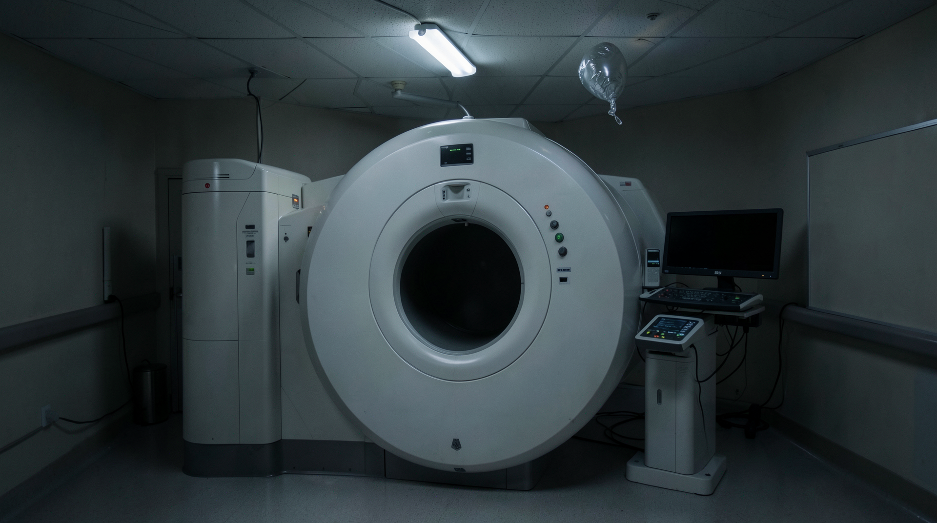 A pediatric MRI scanner in low light with its bore open and the operator's console dark, a Mylar balloon drifting upward against the ceiling of an empty imaging suite.