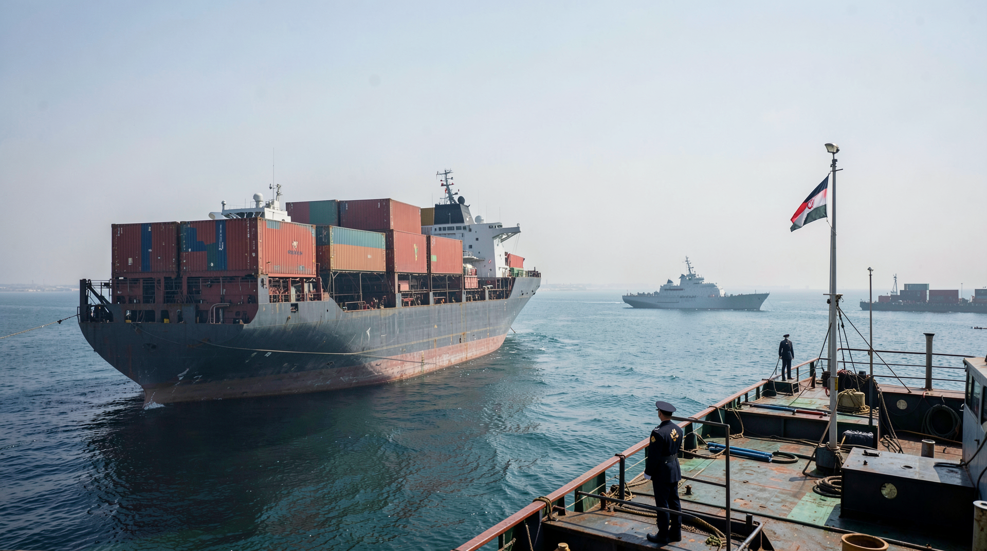 Telephoto shot of the seized container ship Touska at anchor in the Gulf of Oman with US Navy vessels alongside, a single Marine in full kit on deck in silhouette.