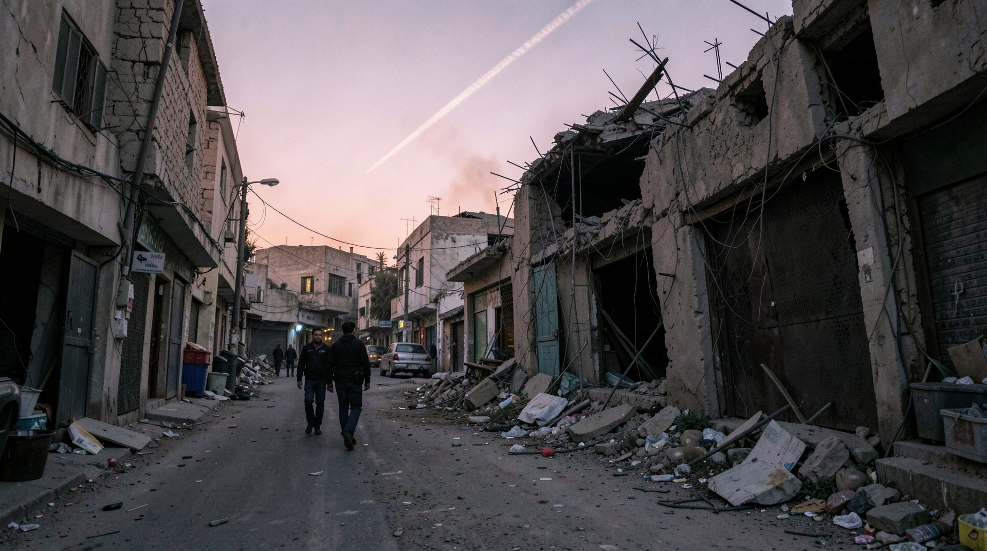 A southern Lebanese street at dusk with rubble where a storefront stood, two civilians walking past, an IDF drone trail faint in the sky.