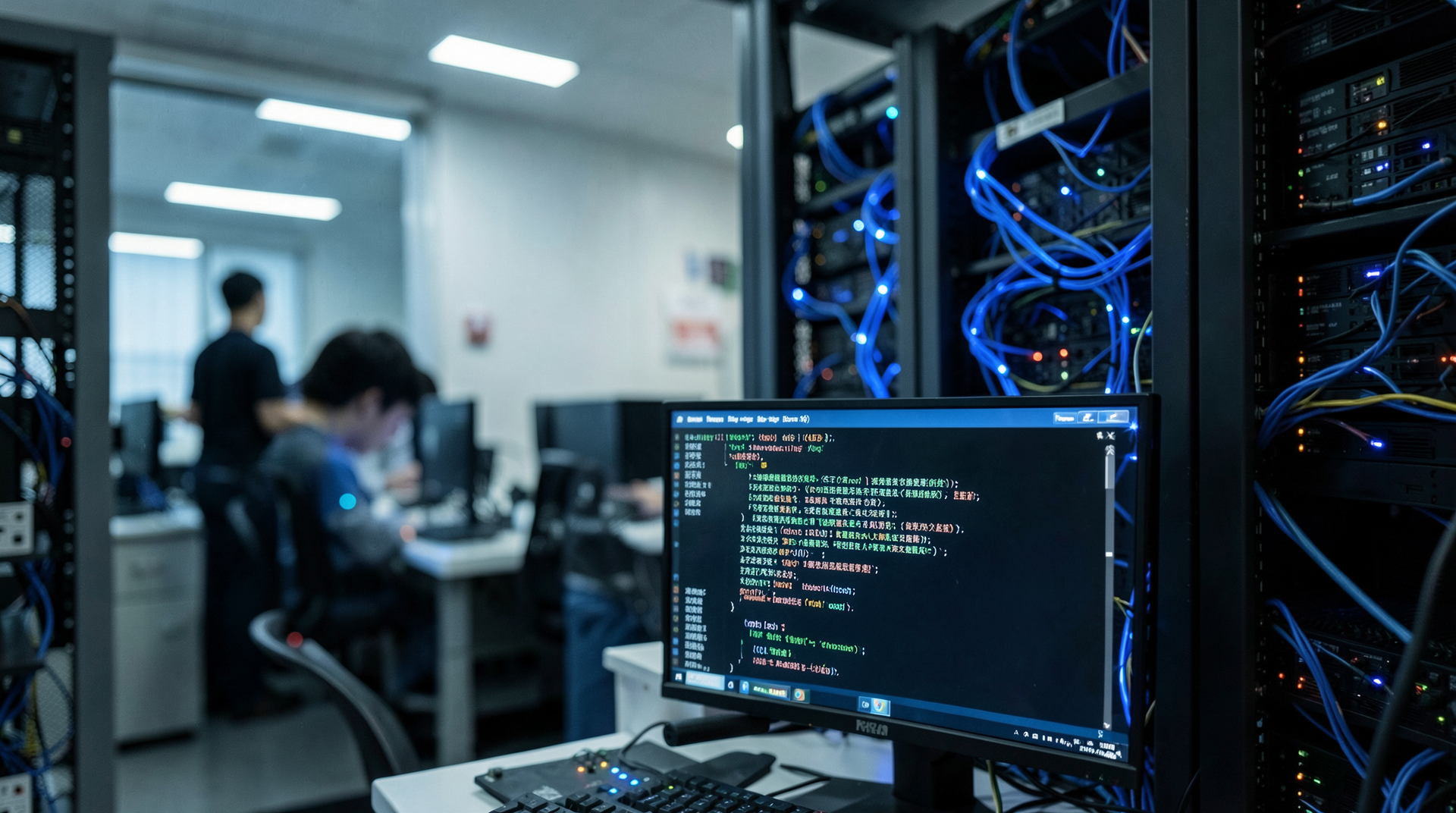 A Beijing AI-lab server rack at night with fiber-optic cables glowing blue, Chinese text on a monitor showing a Kimi K2.6 inference run, a single engineer in the background.
