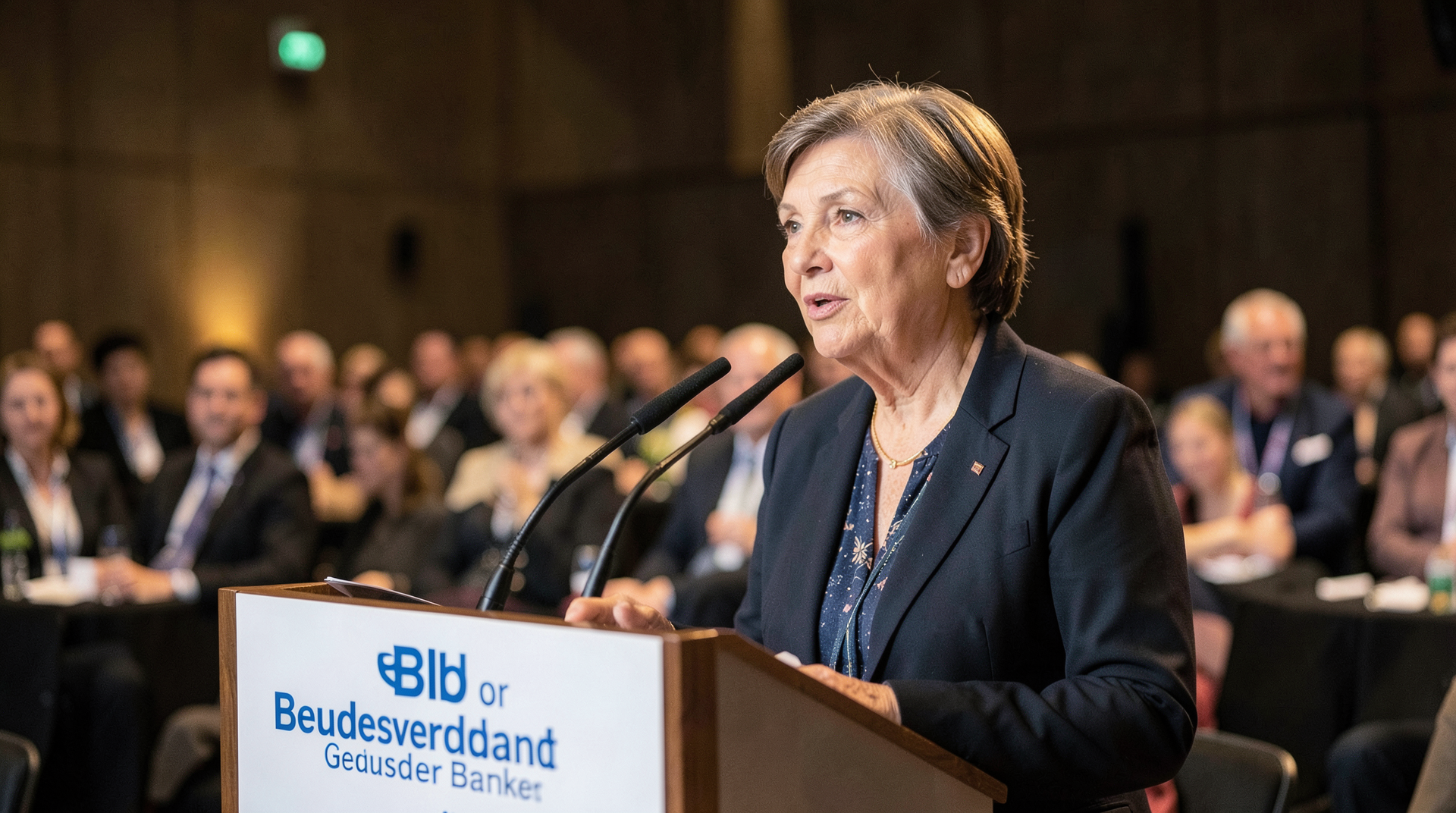 Christine Lagarde at a podium at the Association of German Banks reception in Berlin, the BdB lectern visible, press section in soft focus behind her.