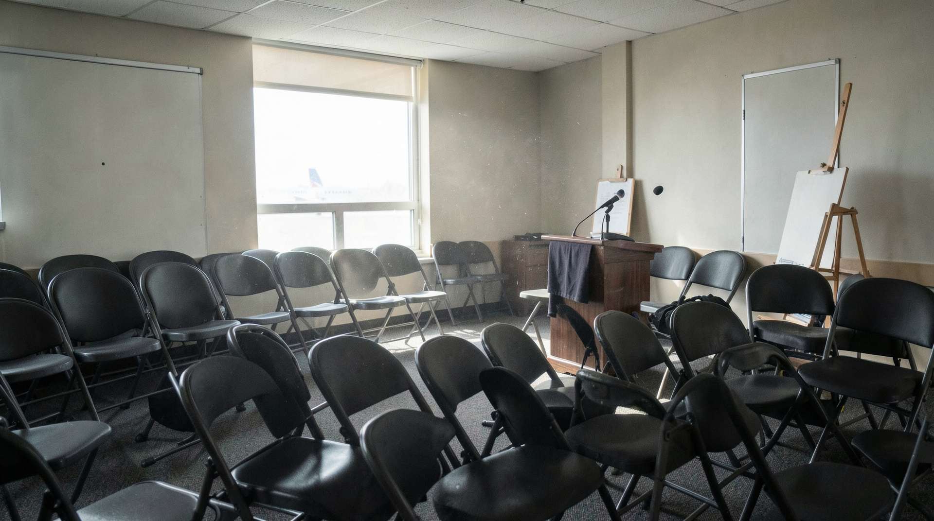 An empty NTSB briefing podium at LaGuardia Airport, April light through a window, a folded-up easel against the wall, the briefing room silent.