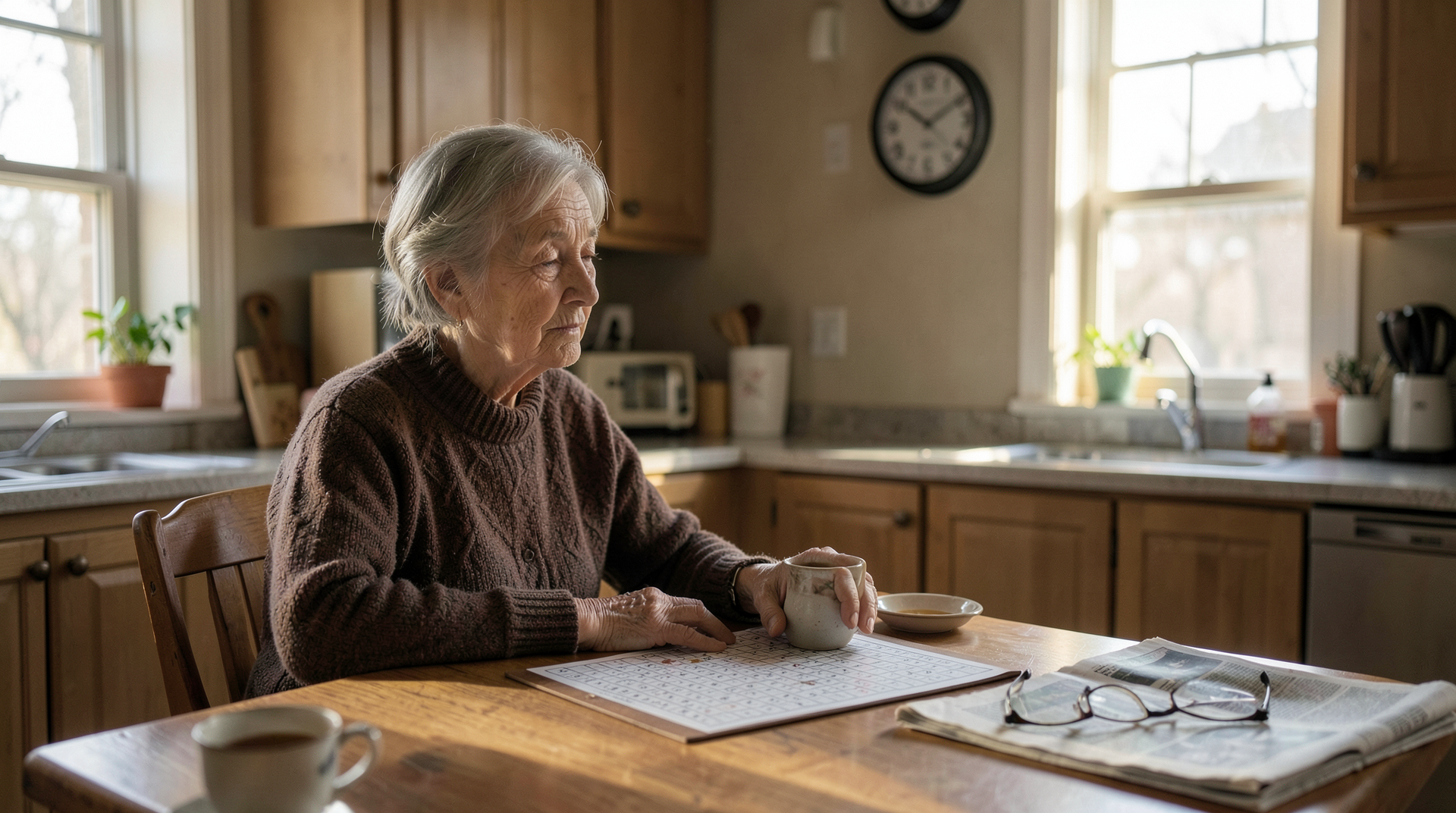 An older woman sitting alone at a kitchen table in late-afternoon light, a half-finished crossword puzzle and a cup of tea in front of her, the clock on the wall showing 4:40, reading glasses folded beside the newspaper.