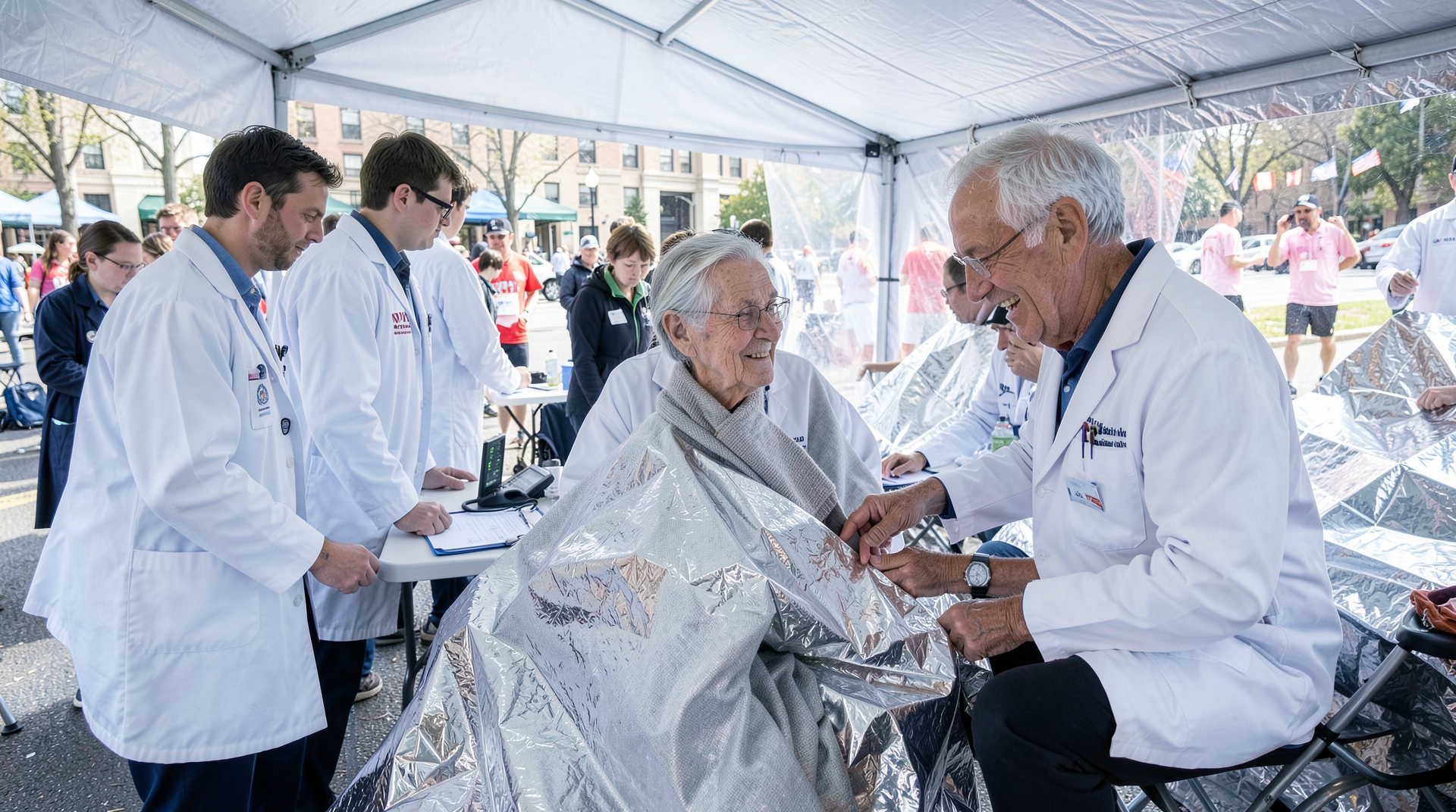 The Boston Marathon medical tent at Copley Square mid-morning, doctors checking core temperatures with tympanic thermometers, a gray-haired runner wrapped in a mylar blanket smiling.