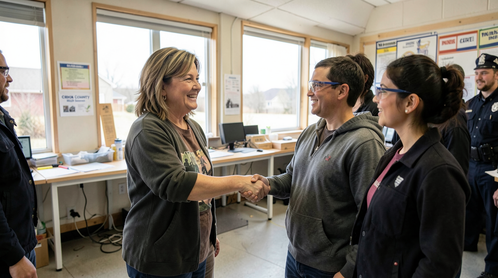 US Secretary of Education Linda McMahon shaking hands with a Crook County High School student in Prineville, Oregon, construction-CTE classroom in the background, a small Secret Service detail visible at the edge.