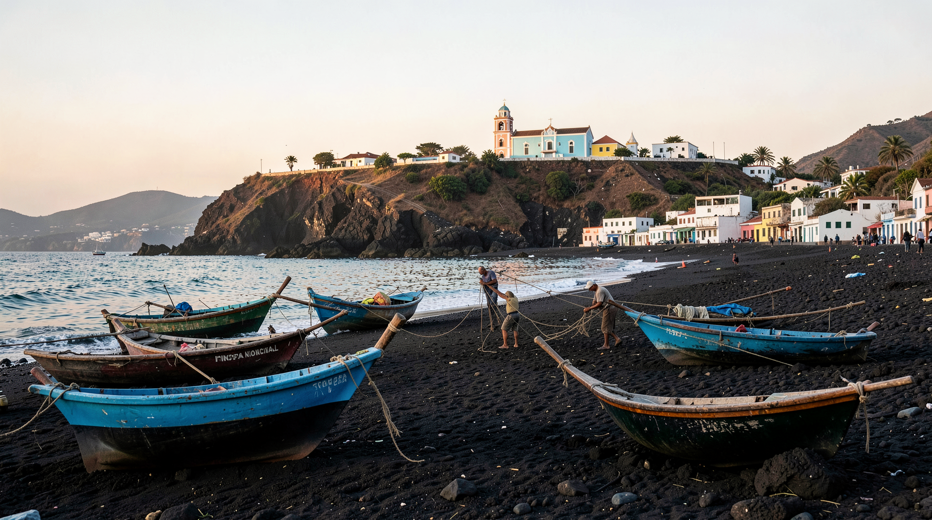 The coast near Pinotepa Nacional, Oaxaca, at morning light, fishing boats pulled up on black sand, a village church on a rise behind the beach.
