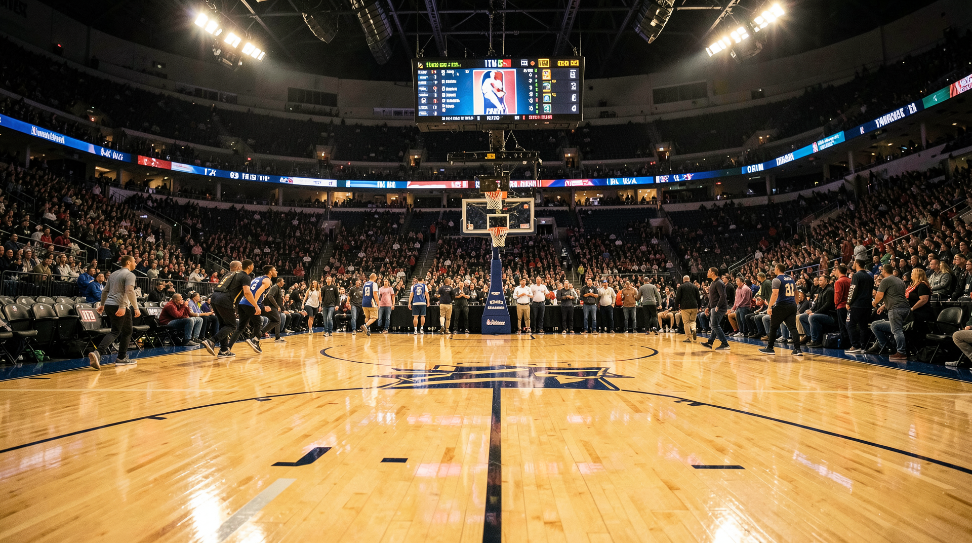Empty NBA arena from the floor looking up at the scoreboard before tipoff with crowd filing in