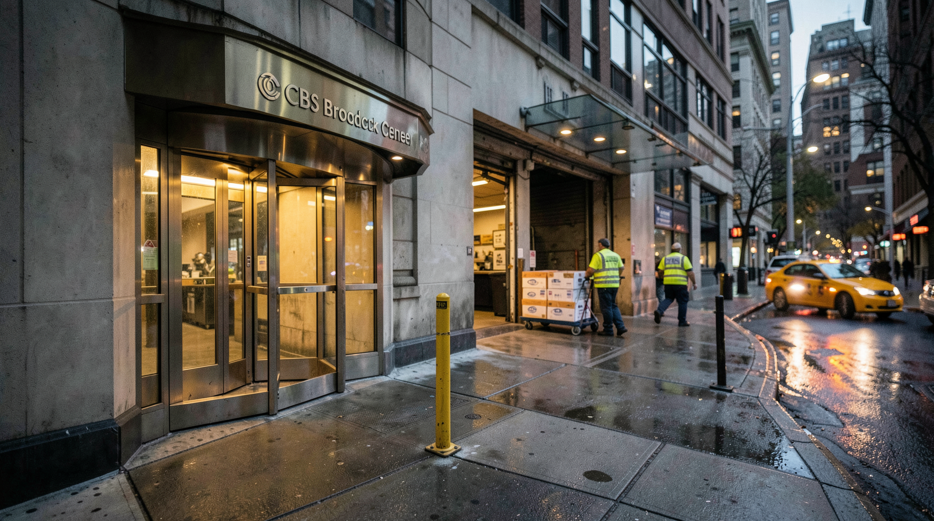 The CBS Broadcast Center entrance at West 57th Street at dusk, a security stanchion with temporary signage, a delivery crew moving packing crates near the loading dock.