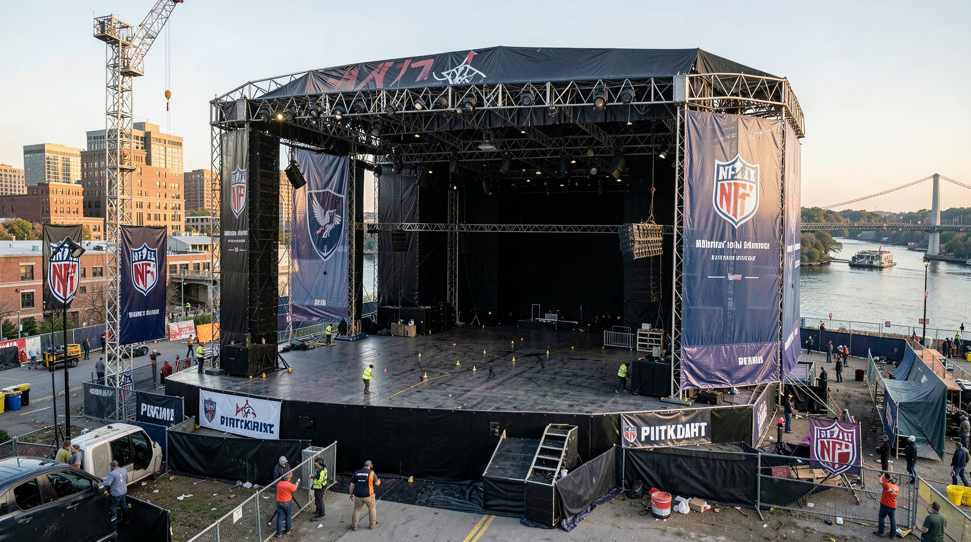 NFL Draft stage exterior under construction in downtown Pittsburgh with team logos on banners