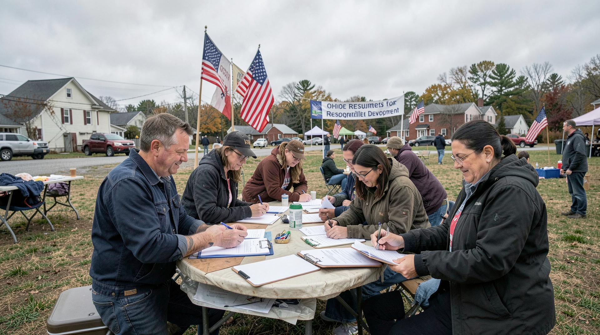 Rural Ohio volunteers at a folding table with clipboards collecting signatures at a county festival