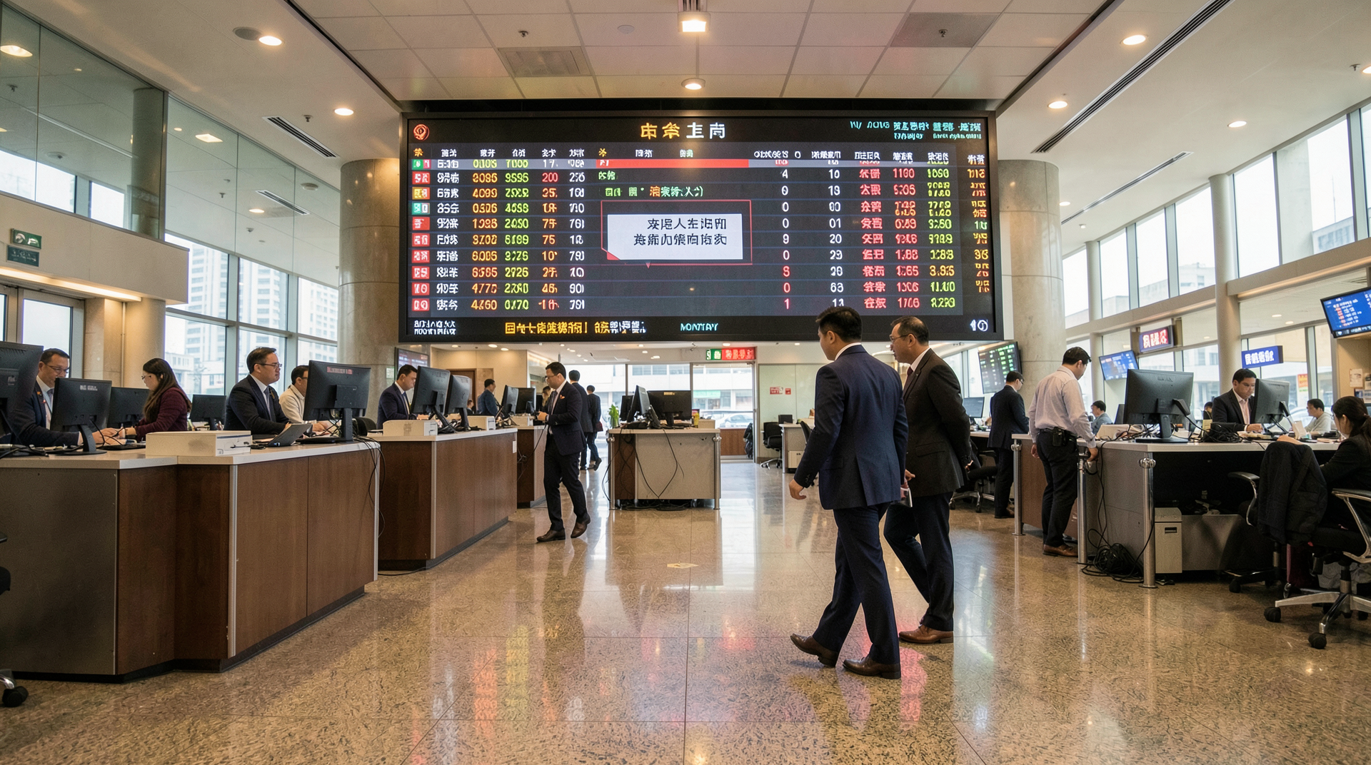 A Shanghai brokerage's trading-hall display board on Monday morning showing Orient Securities' ticker greyed out with a Chinese-character trading-halt notice, brokers walking past without stopping.