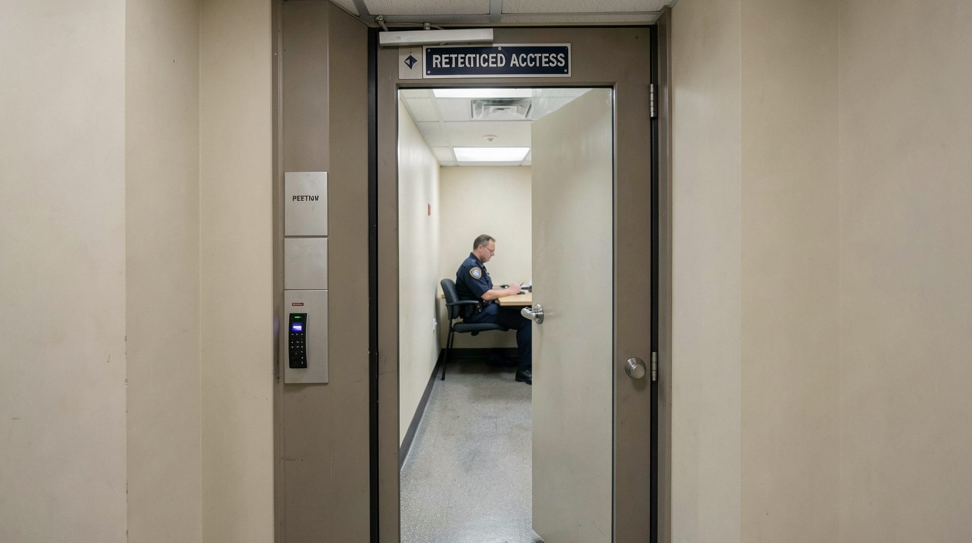 The Pentagon Correspondents Corridor door at mid-morning, a restricted-access sign posted above a card reader, the corridor beyond visible through a narrow glass pane empty of reporters, a Pentagon police officer seated at a desk.