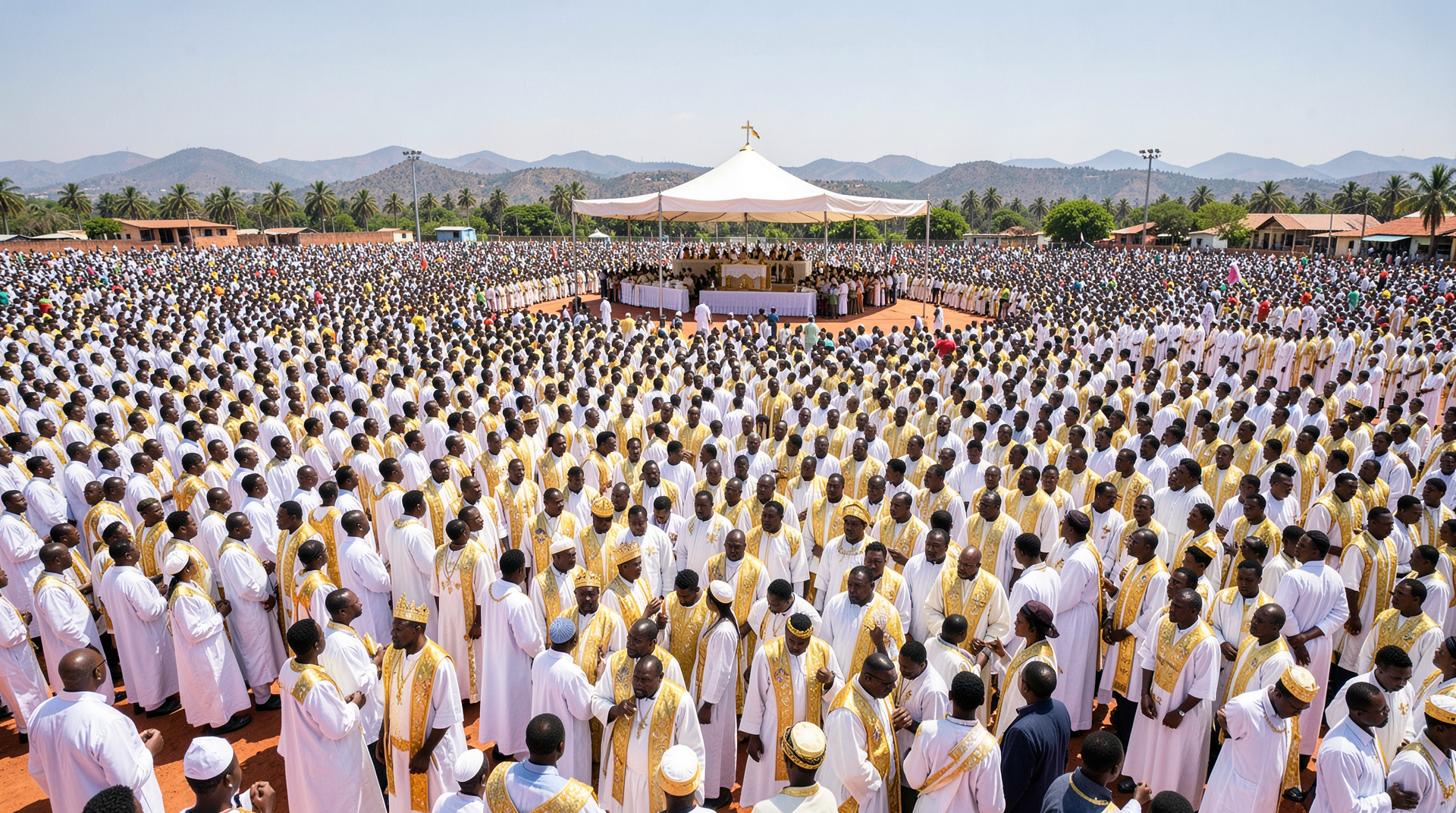 Wide shot of the Saurimo esplanade at midday, tens of thousands of Angolans in white and gold vestments filling the foreground, a large outdoor altar in the middle distance.