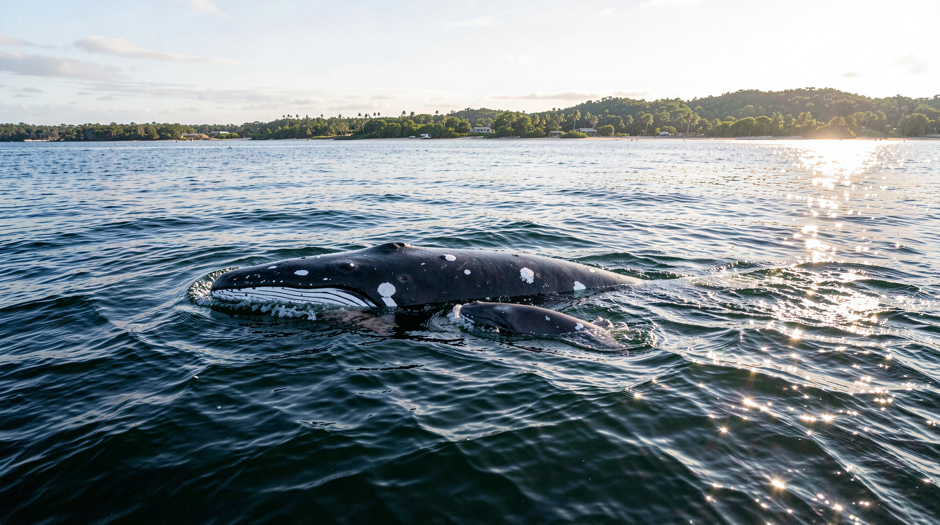 A mother right whale and her newborn calf surfacing together in calm Atlantic waters off the Florida coast, early-morning light, the mother's callosity pattern visible above the waterline, no boats in frame.