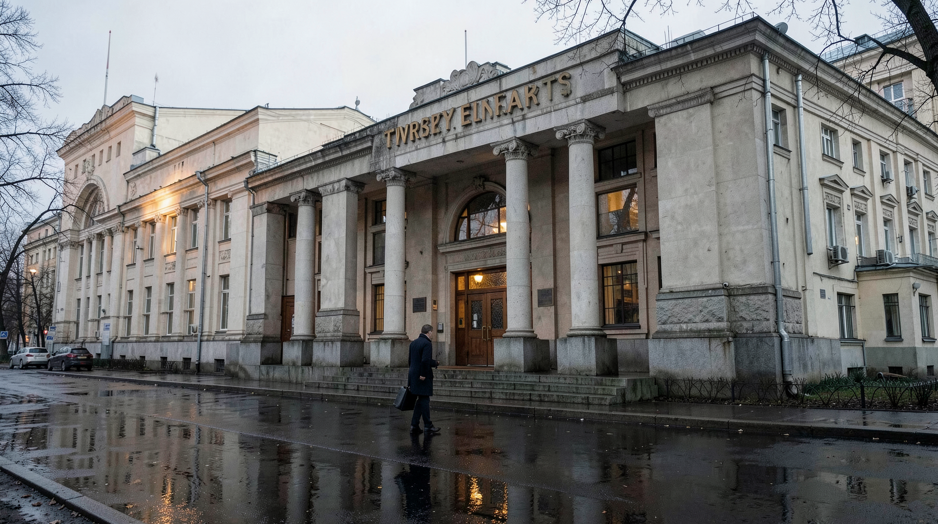 Tverskoy District Court exterior in central Moscow at dawn, a lone court clerk with a briefcase approaching the entrance under grey April sky, a wet sidewalk reflecting the court's colonnade.