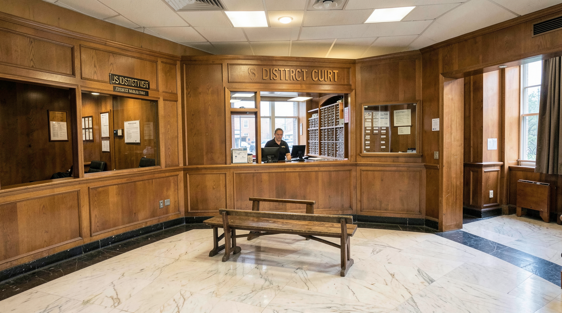 A Baltimore federal courthouse lobby at midday, a docketing clerk at the filings window, two empty wooden benches in middle distance.