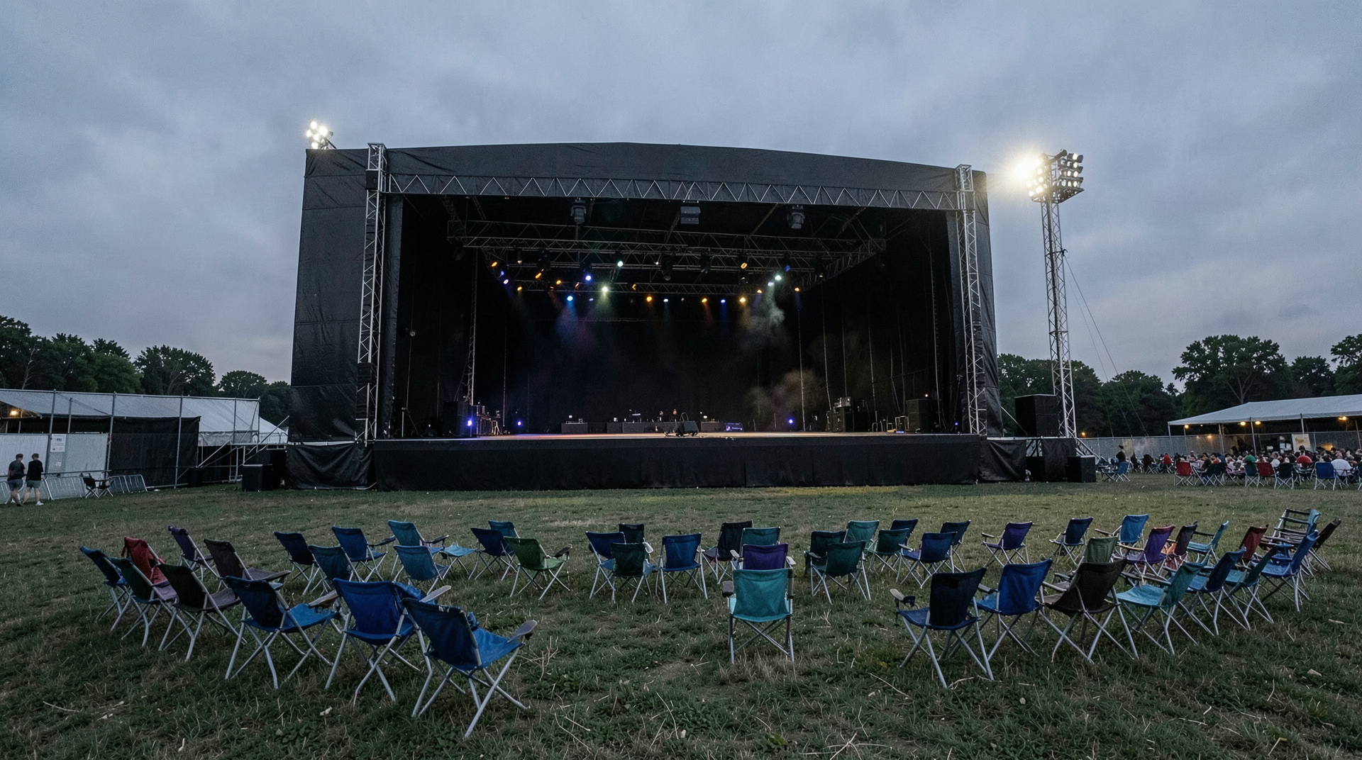 Empty outdoor concert stage at dusk with unlit floodlights and empty folding chairs scattered on the grass