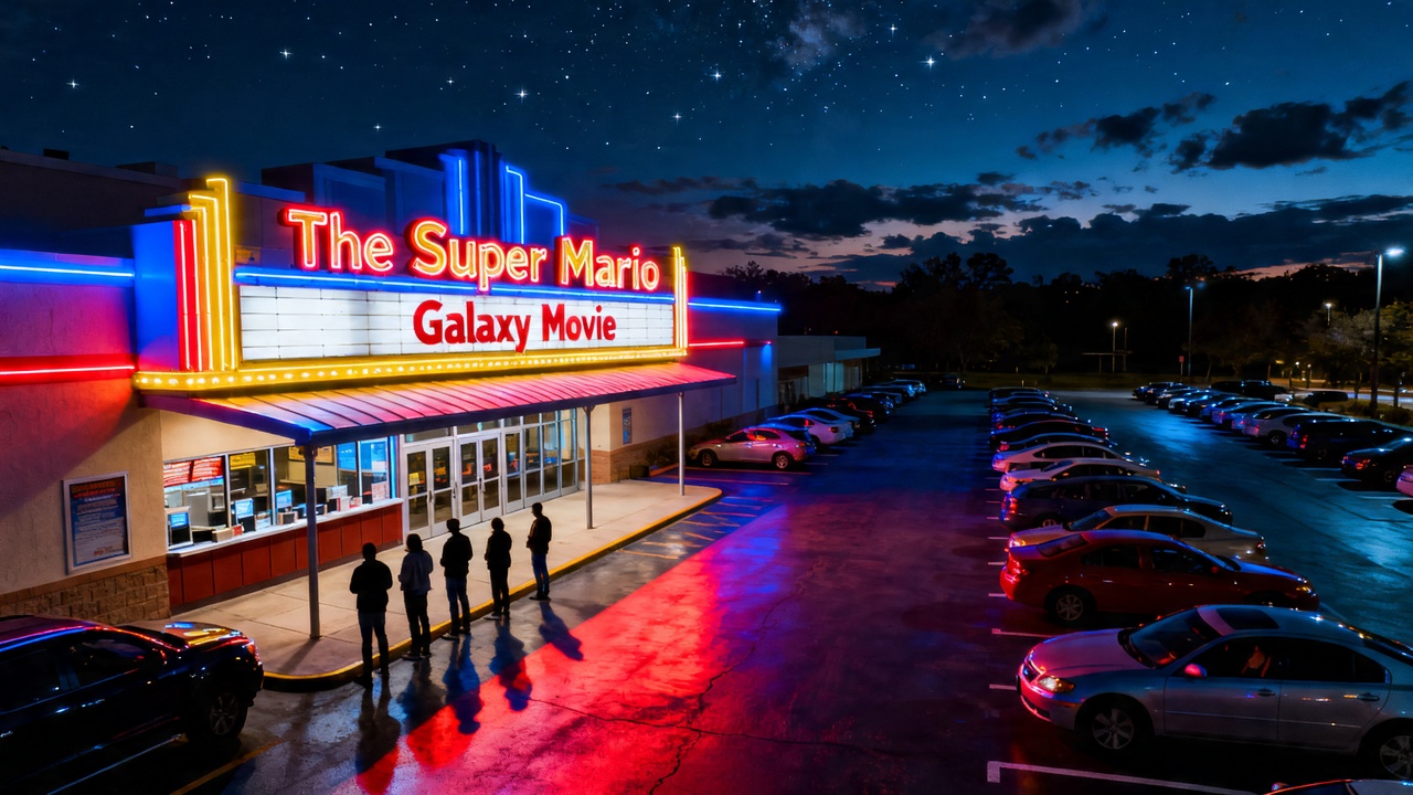 Movie theater marquee at night showing Super Mario Galaxy Movie with mostly full parking lot and ticket line