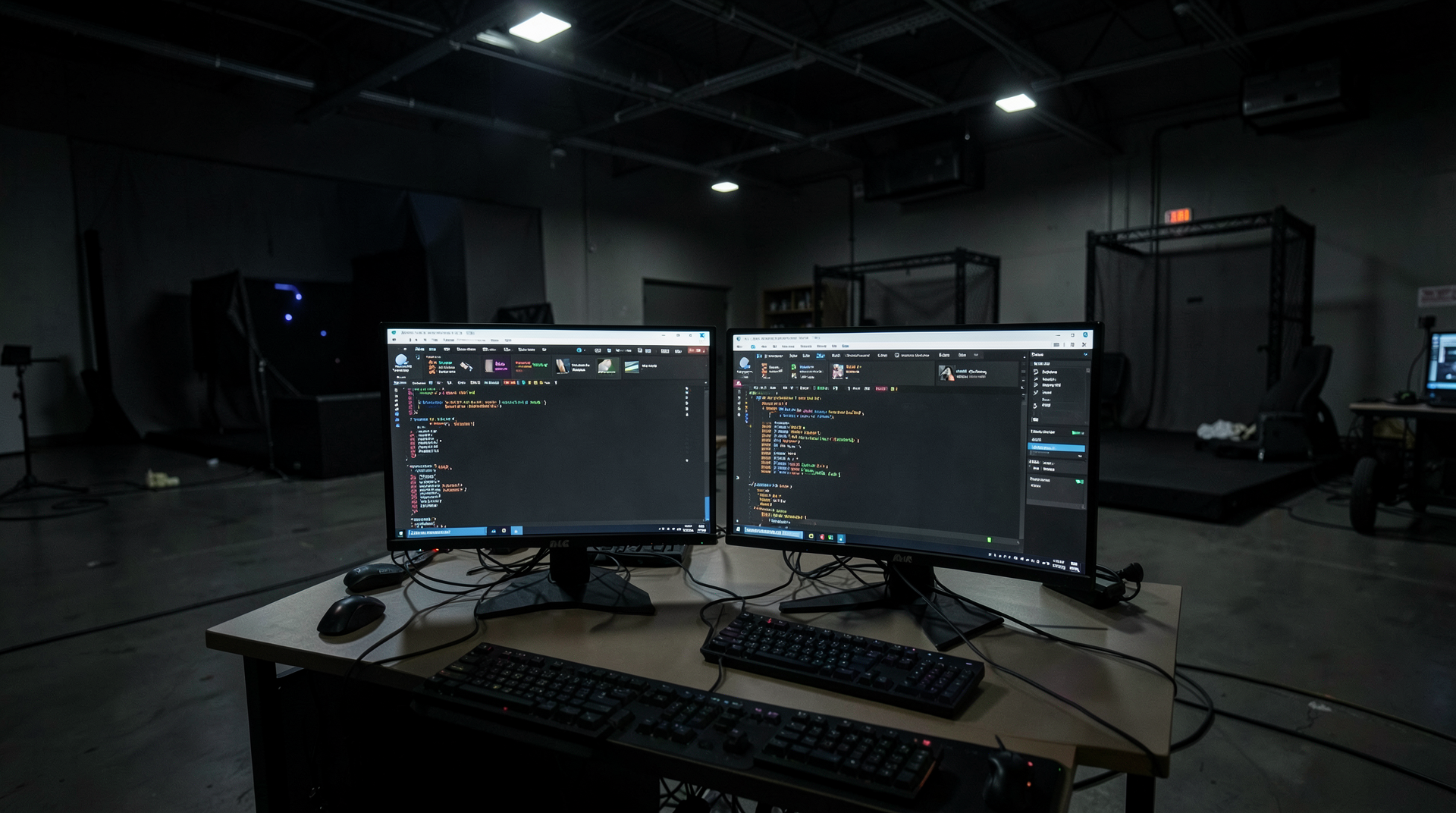 Empty game development office at night with dual monitors showing code editor and an unused motion capture stage visible