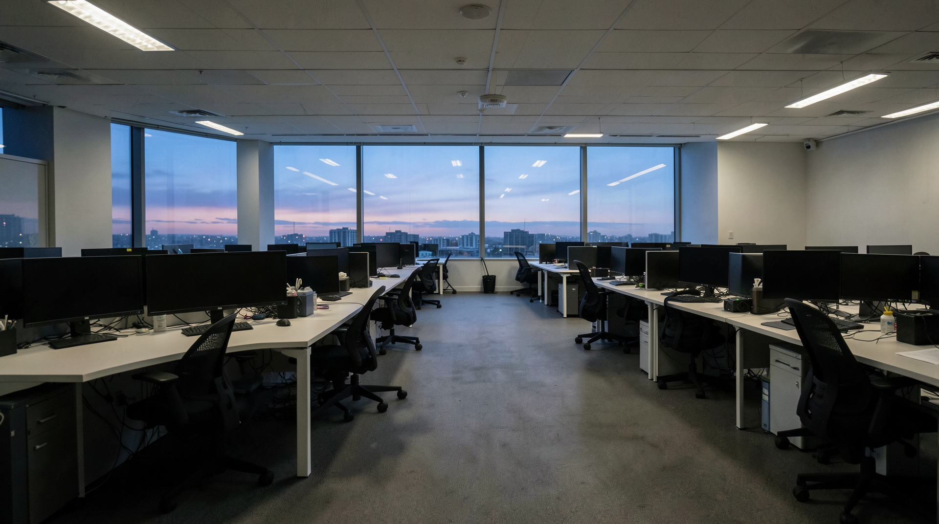 Empty tech office workstations at dusk with lights still on, monitors dark, chairs pushed in
