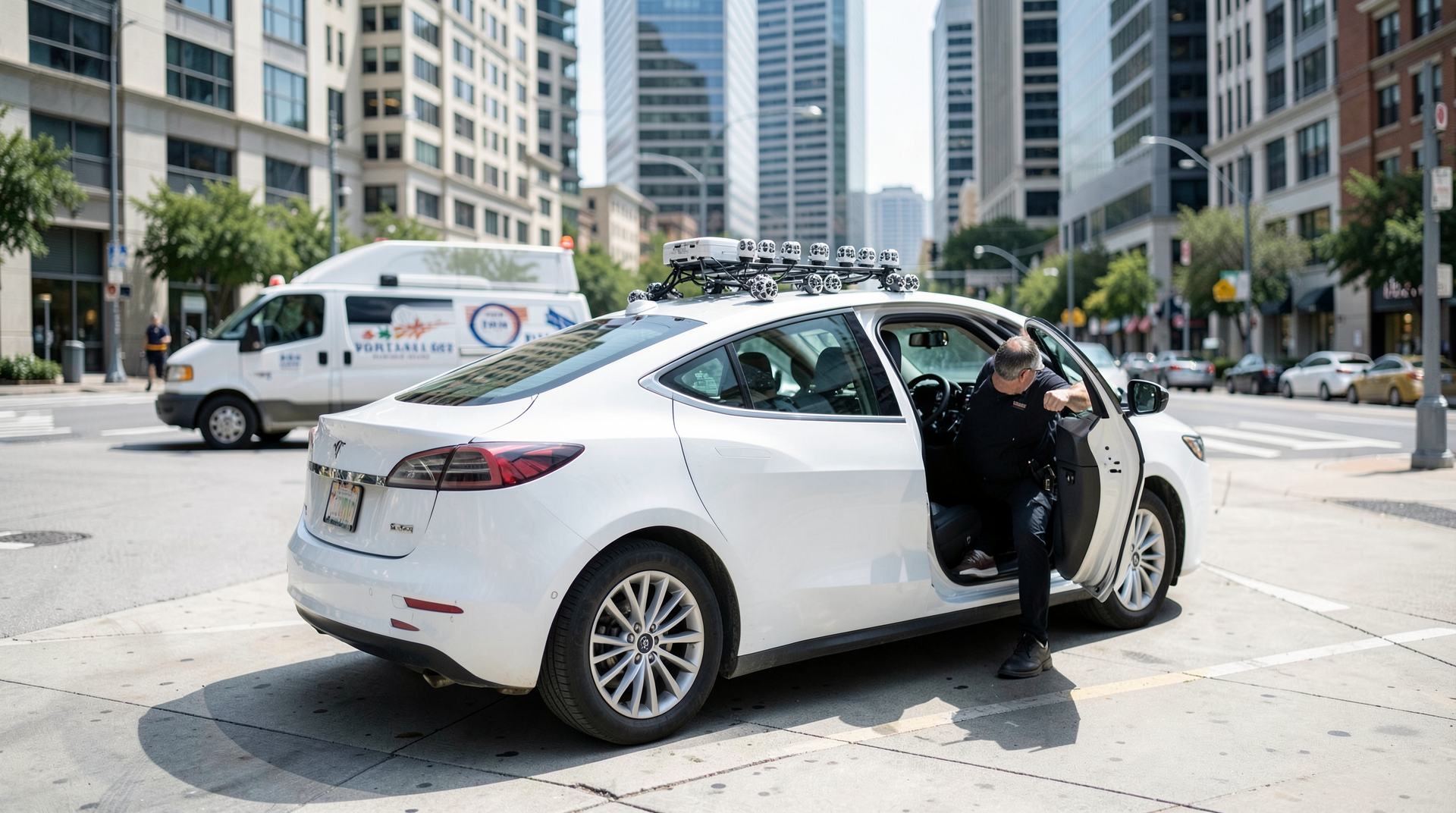 A Tesla Model Y robotaxi with camera-array and LIDAR pack, parked in a Dallas downtown pickup zone at midday, a single rider opening the rear door.