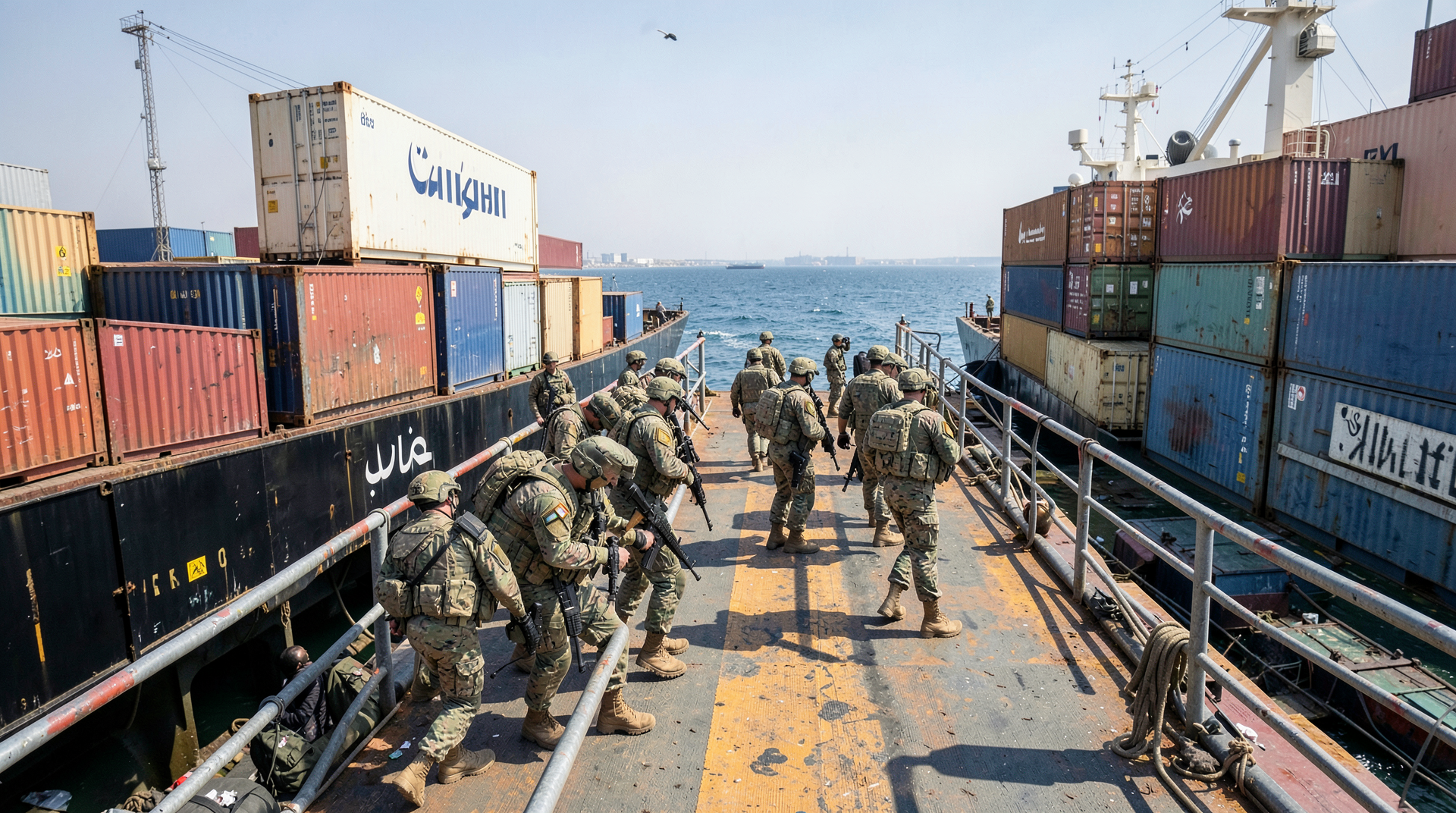 US Marines from 31st MEU on the deck of MV Touska inspecting stacked containers in the Gulf of Oman