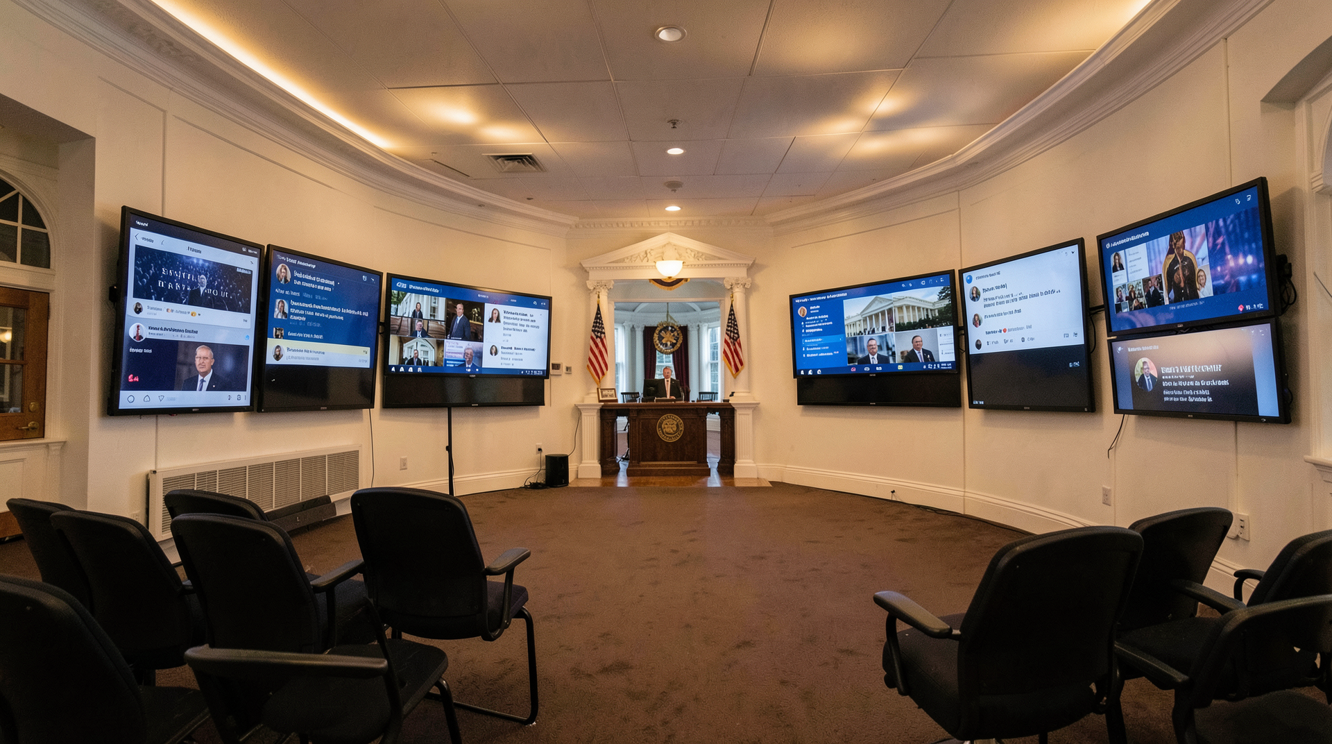 White House West Wing press area at evening with monitors displaying Truth Social posts