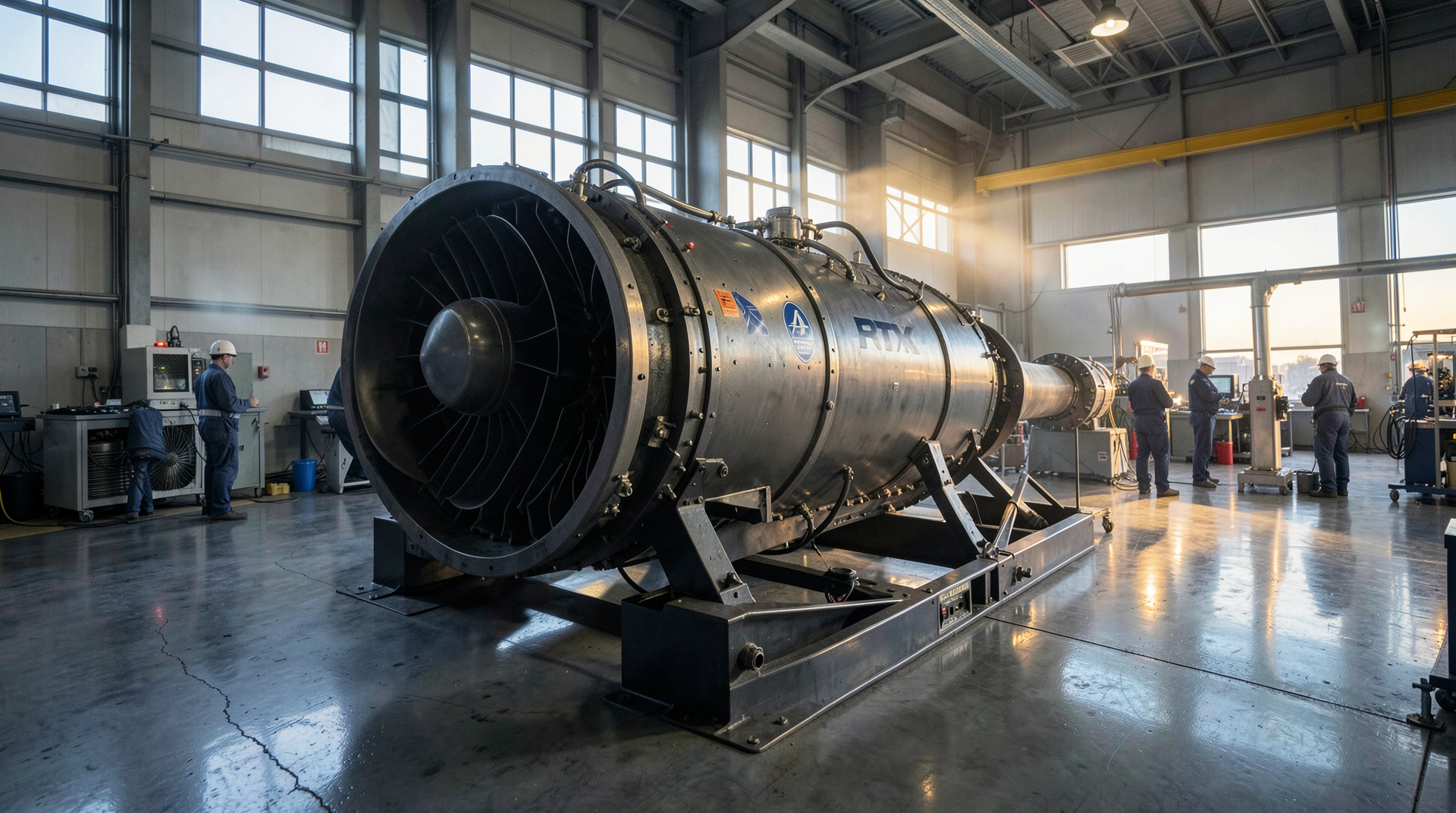 Pratt and Whitney jet engine on a testing rig at an RTX facility at dawn, lit by arc lights, cold metal and concrete.