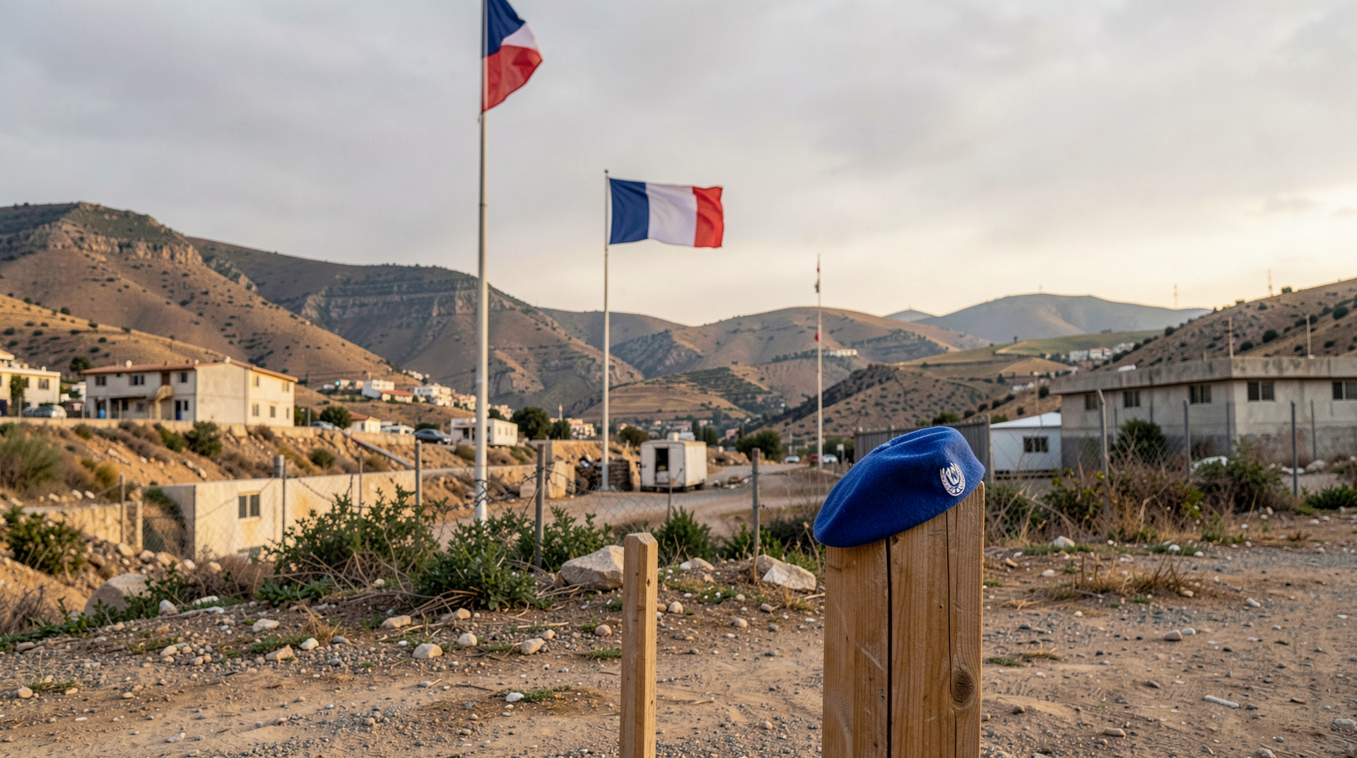 A blue UN beret on a small memorial stand at a UNIFIL base in southern Lebanon, a tricolor of France on a half-mast flagpole in middle distance, Lebanese hills behind.