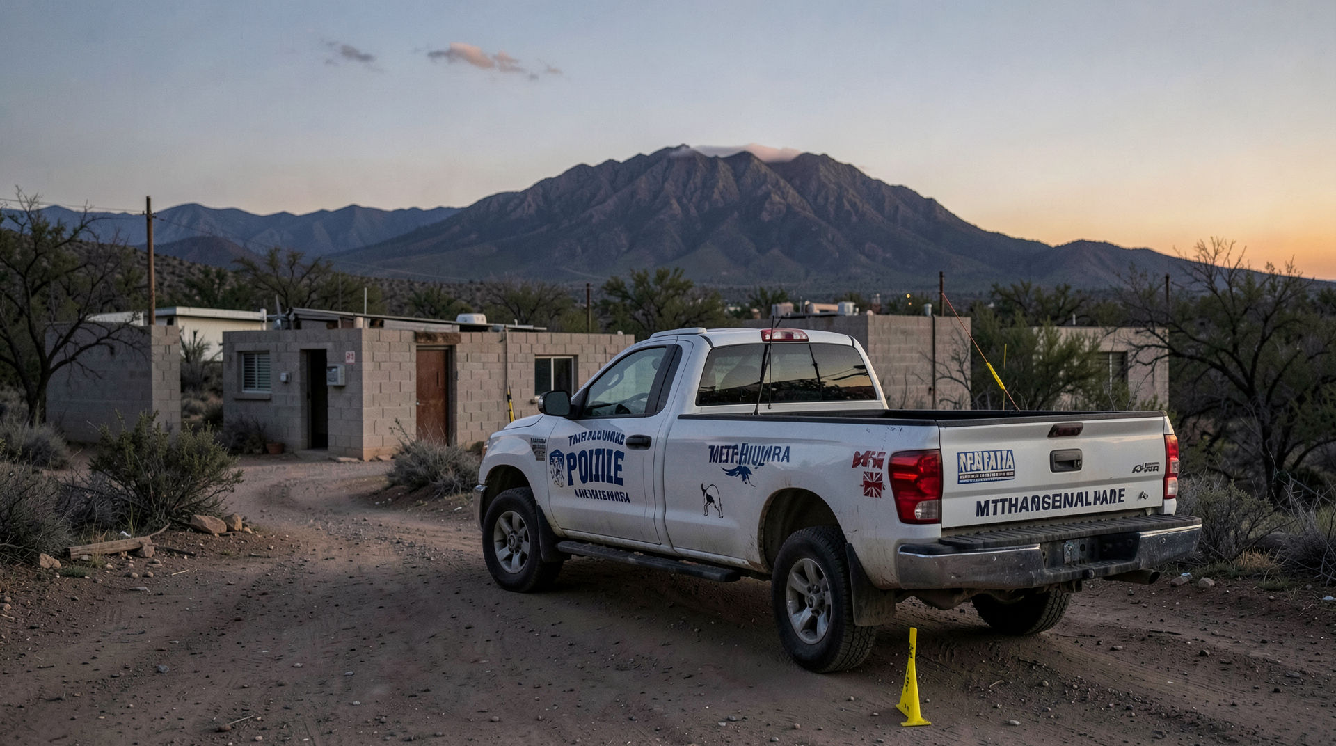 Chihuahua state-police pickup truck on a dirt road outside a cinderblock lab compound at dusk, a forensic marker near the tailgate, sierra in the middle distance.