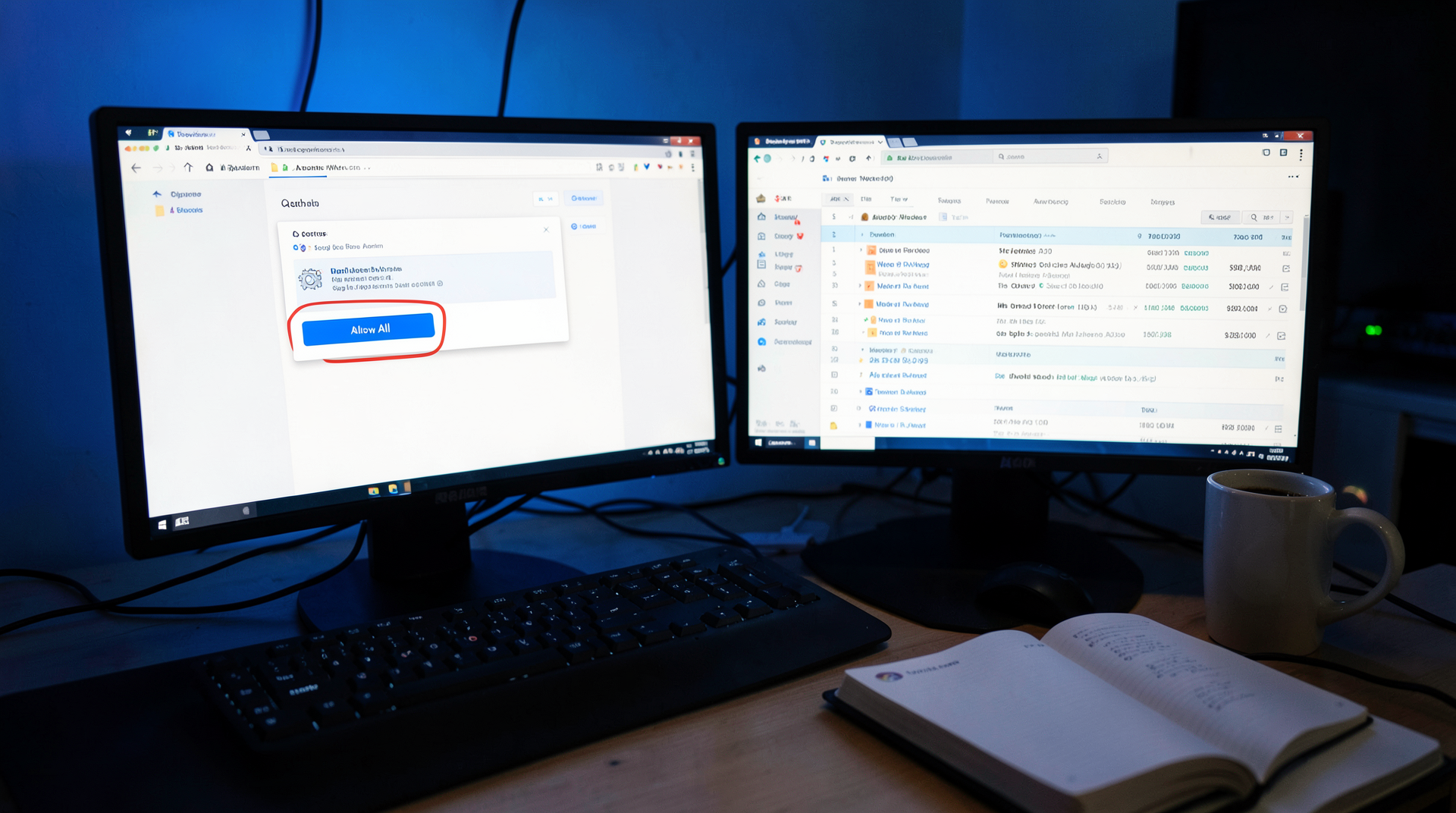 A developer workstation at night showing a browser OAuth consent dialog with an 'Allow All' button highlighted, a second monitor displaying Google Workspace admin logs with unfamiliar login entries.