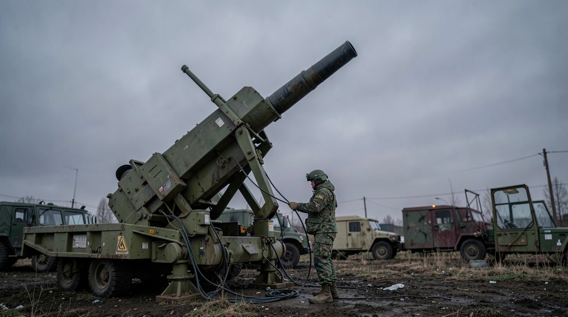 A Patriot battery launcher tilted skyward at a Ukrainian air-defense site at dusk, a helmeted operator in middle distance, the launcher's olive camouflage weathered.