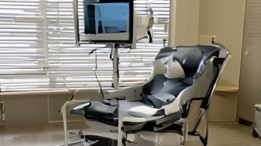 Empty infusion chair and IV stand in a neurology day-treatment room, monitor screens dim