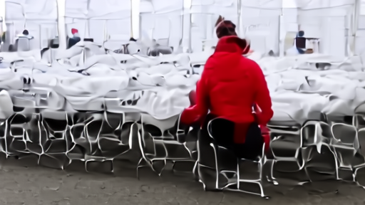 A finish-line medical tent in Copley Square on a Tuesday evening after Marathon Monday, a row of empty treatment cots under soft white tent lighting, one volunteer in a red BAA jacket organizing saline bags into a plastic bin.