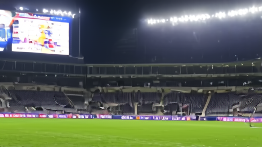 The Amex Stadium scoreboard under floodlights showing a 3-0 home result, empty seats at one end, a single groundsman crossing the pitch.