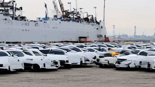 A Chinese port auto-loading terminal on a Wednesday morning with rows of white BYD sedans lined up on the quay behind a RoRo ship, a small group of uniformed port workers checking clipboards in the foreground.