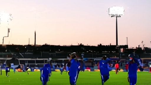 Dejected Chelsea players at the Amex Stadium in Brighton, floodlights behind, under evening sky