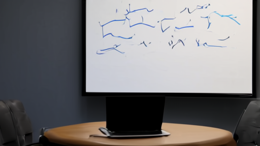 A whiteboard in a San Francisco startup conference room, revenue curves labeled '$2B' and '$6B' in blue marker, a closed laptop on a round table and four empty task chairs pushed back at odd angles.
