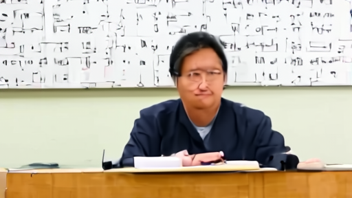 A 1990s-era black-and-white photograph of Dai Ruwei at a desk at the Chinese Academy of Sciences Institute of Automation, a blackboard behind him covered in semantic-syntactic pattern-recognition notation in Chinese characters and equations.