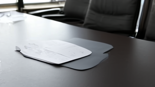 A European Commission meeting-room conference table with a closed Digital Services Act dossier at one place and empty chairs at the others.